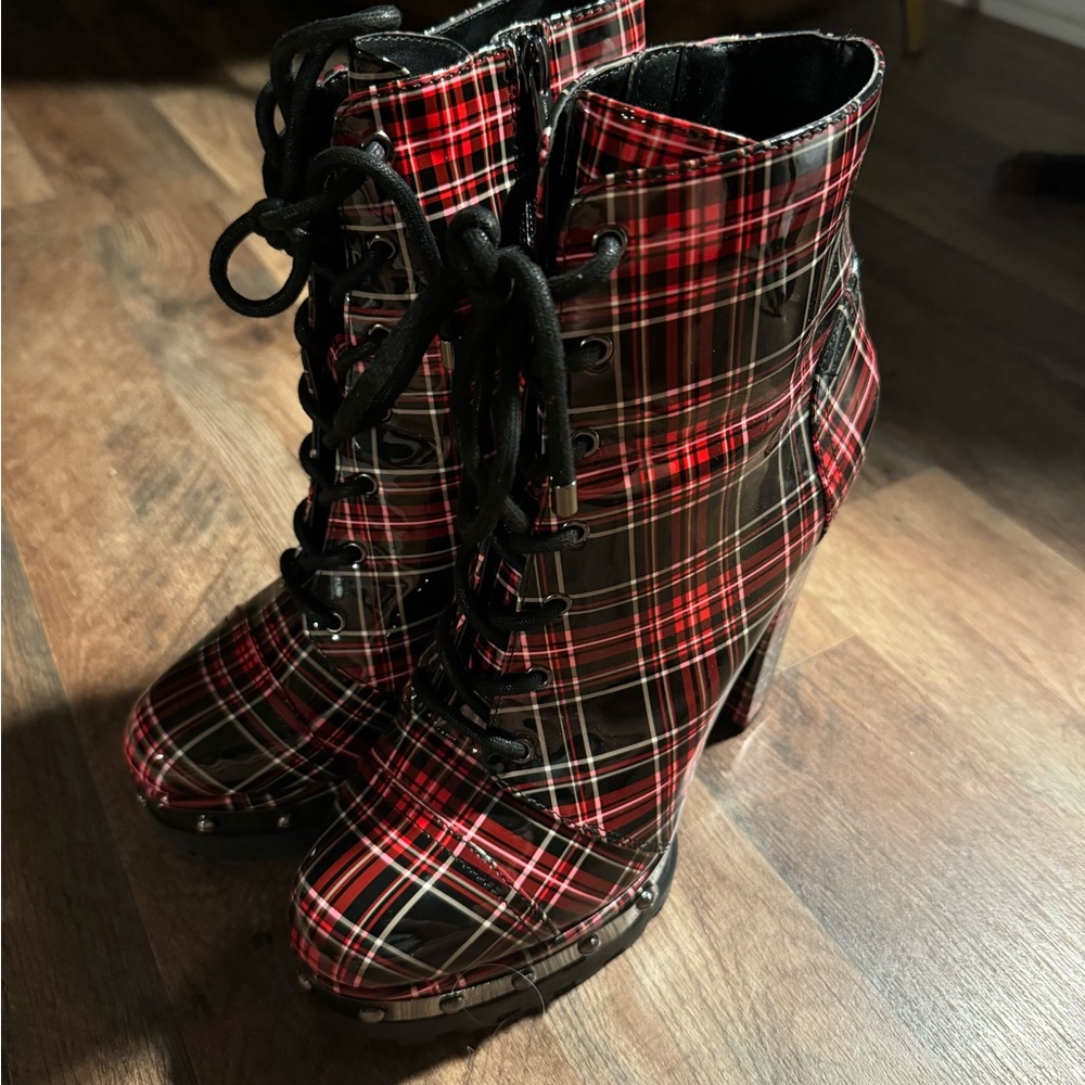 Jessica Simpson red pleather plaid platform heeled booties